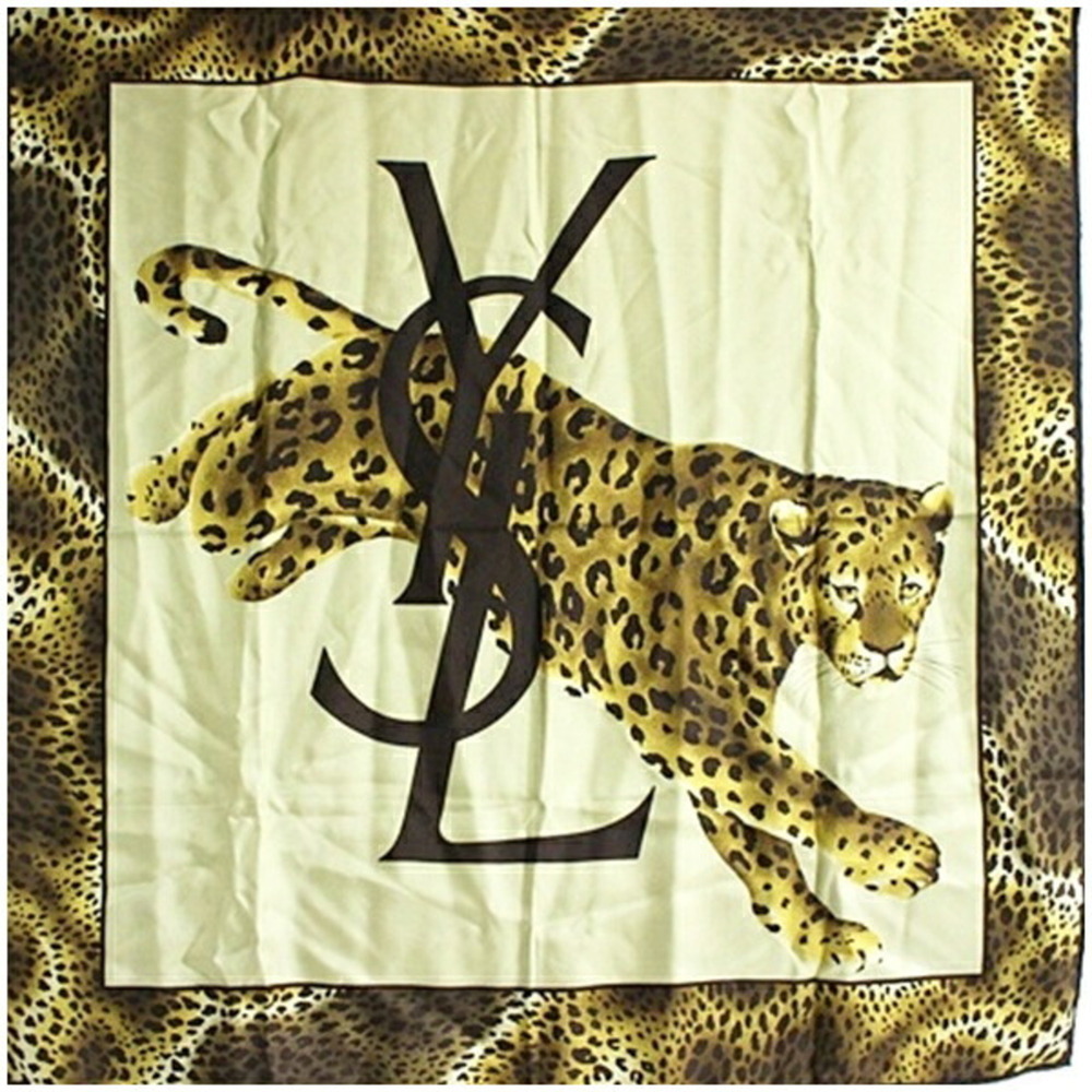 Yves Saint Laurent Silk Scarf/Muffler, Khaki x Brown Leopard Print, Women's.